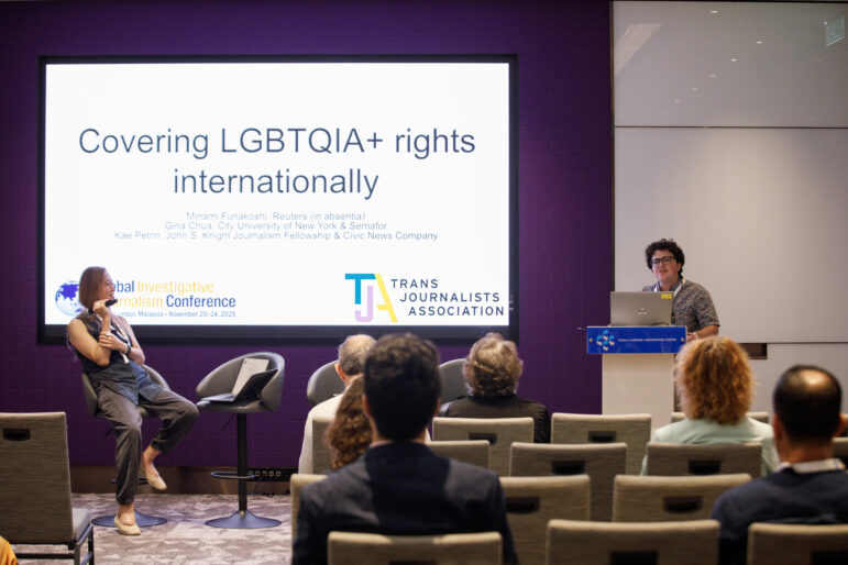 Gina Chua, executive director of the Tow-Knight Center at the Craig Newmark Graduate School of Journalism, and Kae Petrin, John S. Knight fellow & co-executive director of the Trans Journalists Association, speaking at the 2025 Global Investigative Journalism Conference (GIJC25).