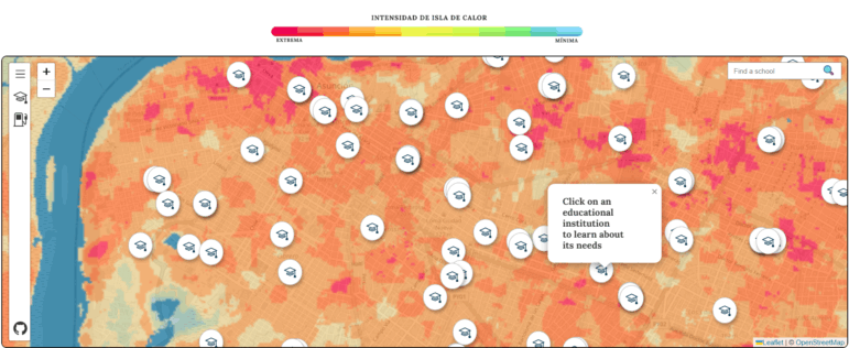 Consenso’s mobile-friendly interactive map of schools and color-coded “heat islands” in Asunción, Paraguay. Image: Screenshot