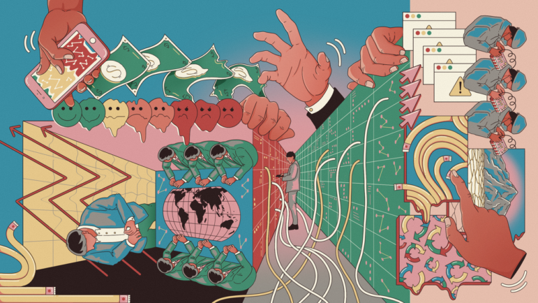 A brightly coloured illustration which can be viewed in any direction. It has many elements to it working together: men in suits around a table, someone in a data centre, big hands controlling the scenes and holding a phone, people in a production line. Motifs such as network diagrams and melting emojis are placed throughout the busy vignettes. GIJN Tech Focus Project