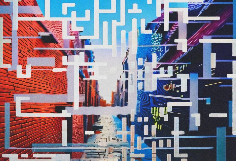 This image features 3 images of a street. Overlying the image are different shapes which are arranged to look like QR code symbols. These are in white/blue colors and intersect one another. The first image is clear, but the second is slightly more pixelated, and the final image is very pixelated.