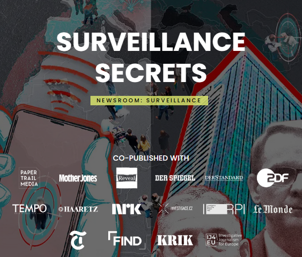 The Lighthouse Reports investigation into phone tracking software, with partner newsrooms listed.