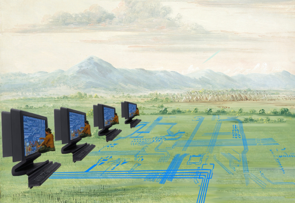 The image shows a surreal landscape with vast green fields extending toward distant mountains under a cloudy sky. Embedded in the fields are digital circuit patterns, resembling an intricate network of blue lines, representing a technological infrastructure. Five large computer monitors with keyboards are placed in a row, each with a Navajo woman sitting in front, weaving the computers. In the far distance, a cluster of teepees is visible.