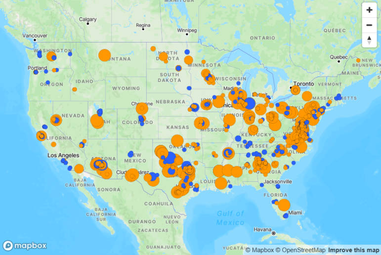 Journalists on the data center beat in the US recommend the Cleanview power projects data service, including maps like this one — showing both operational data centers (blue) and planned centers (orange). Image: Screenshot, Cleanview