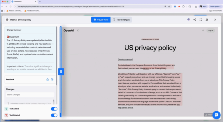 Screenshot from a Visualping analysis of changes to OpenAI's privacy policy. 
