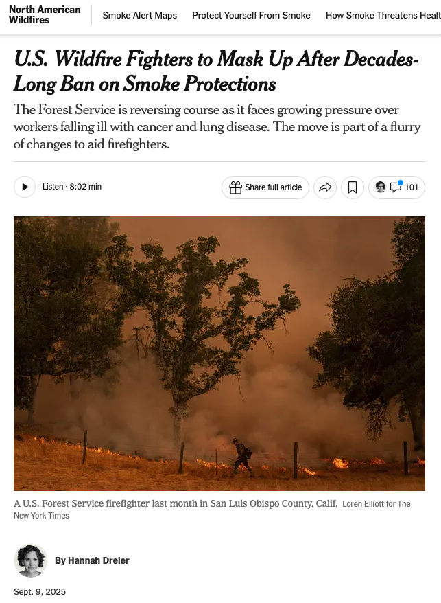 After Dreier's reporting series came out, the US Forest Service changed its policy and began providing wildland firefighters with masks to use during their work.