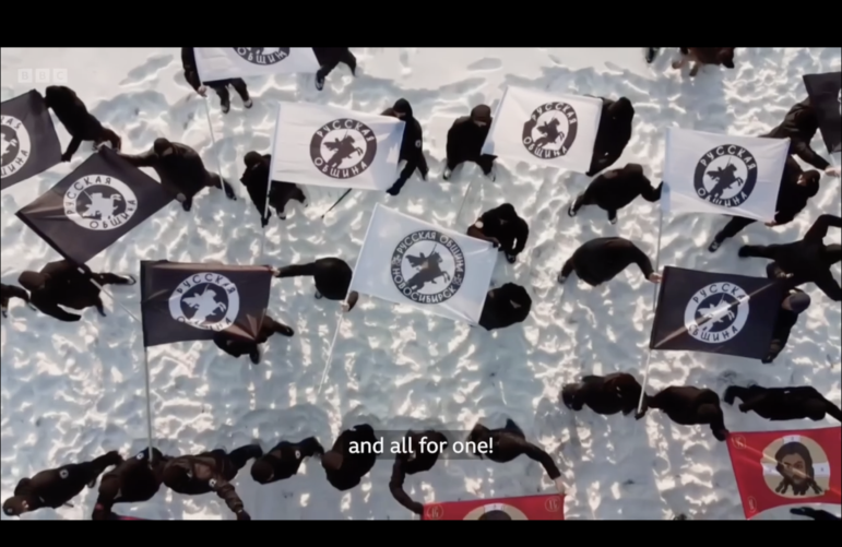 Image: An aerial image shows a meeting of a Russian nationalist group. Image: Screenshot / BBC Eye