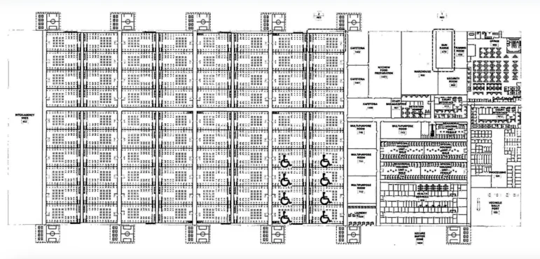 A proposed floor plan for a migrant detention center, taken from the US Department of Homeland Security website, which featured in a recent story. Image: Screenshot, DHS