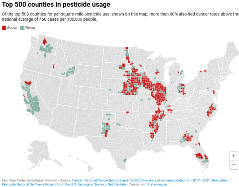 Investigate Midwest looks at top 500 counties in the US based on pesticide usage and compared their respective cancer rates to the per-capita national average.