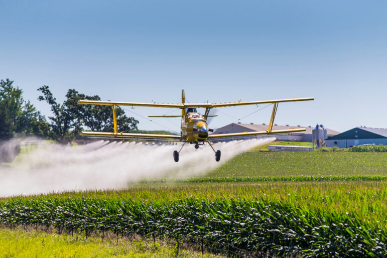Cropduster airplane sprays pesticide next to farm buildings