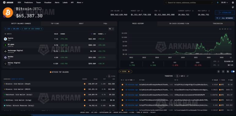Arkham Intelligence screensot of Bitcoin crypto activity