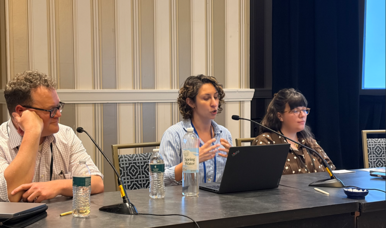 Investigative podcast editors and producers on the IRE panel included (from left) Curtis Gilbert, Katie Colaneri, and Adelina Lancianese. Photo: Rowan Philp 
