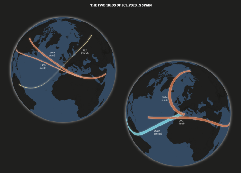Portions of Spain will experience three solar eclipses from 2026 through 2028.