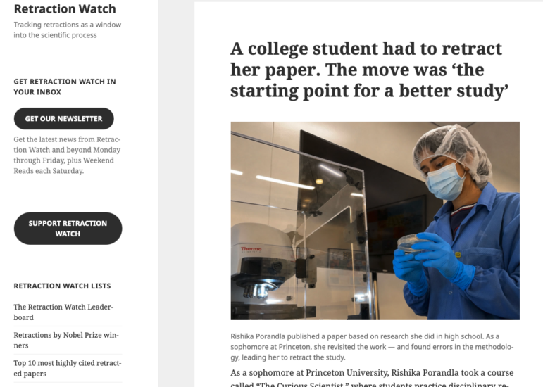 Sites like Retraction Watch can be a great resource to check on academic studies that have been pulled down for various reasons. Image: Screenshot, Retraction Watch