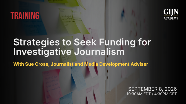 GIJN Academy training with Sue Cross on strategies to seek funding for investigative journalism