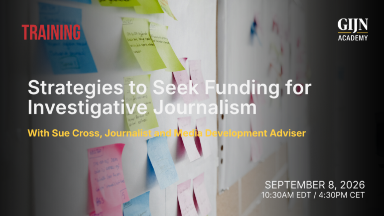 GIJN Academy training with Sue Cross on strategies to seek funding for investigative journalism