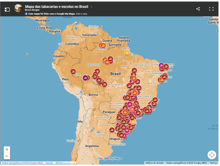 The author created a national map of Brazil, highlighting municipalities where tobacco shops were located in close proximity to public schools. Image: Screenshot, courtesy of the author