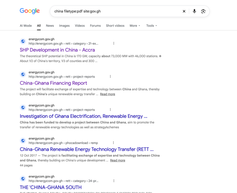 Google: china filetype:pdf site:gov.gh