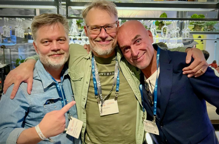 (From left) – Johannes Kr. Kristjansson, Sven Bergman, and Joachim Dyfvermark at the GIJC2023 in Gothenburg. Image: Courtesy Kristjansson